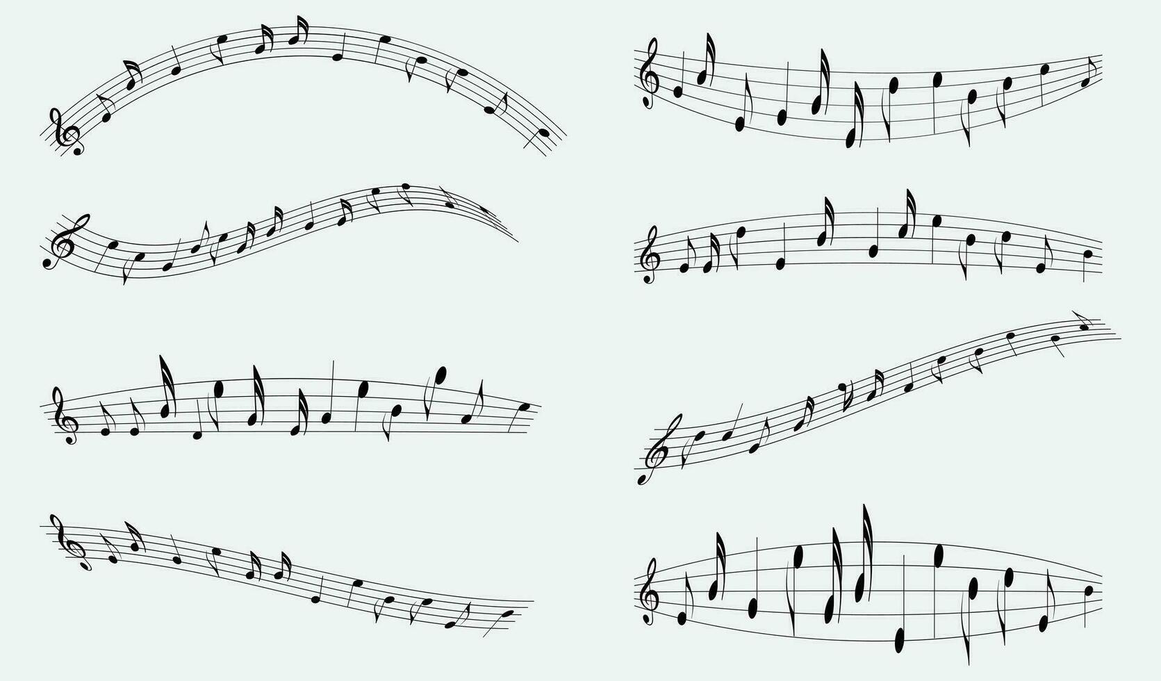 Music notes, staff treble clef notes with curves isolated on white background. Vector illustration eps10