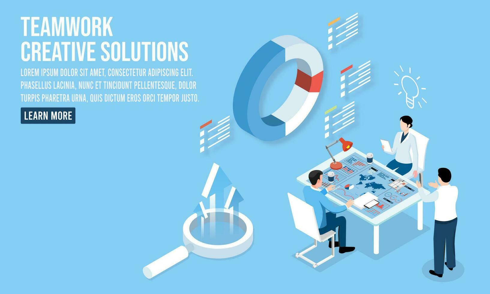 3D isometric Teamwork Creative solutions concept with people working or study on laptops for business startup, freelancers, shared workplace. Vector illustration eps10