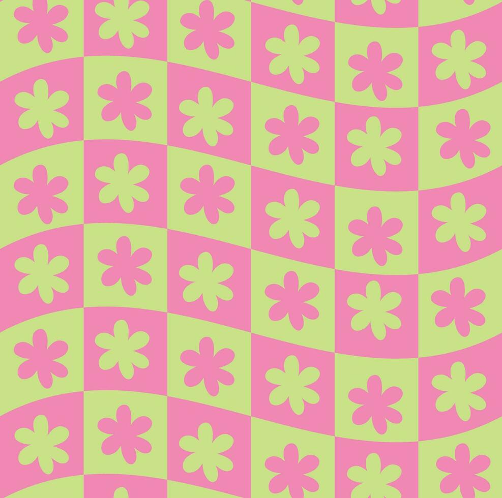 Groovy Wavy Melted Psychedelic Checkerboard Y2K 90s seamless pattern vector background. Retro hippie trippy optical repeat texture wallpaper, textile design