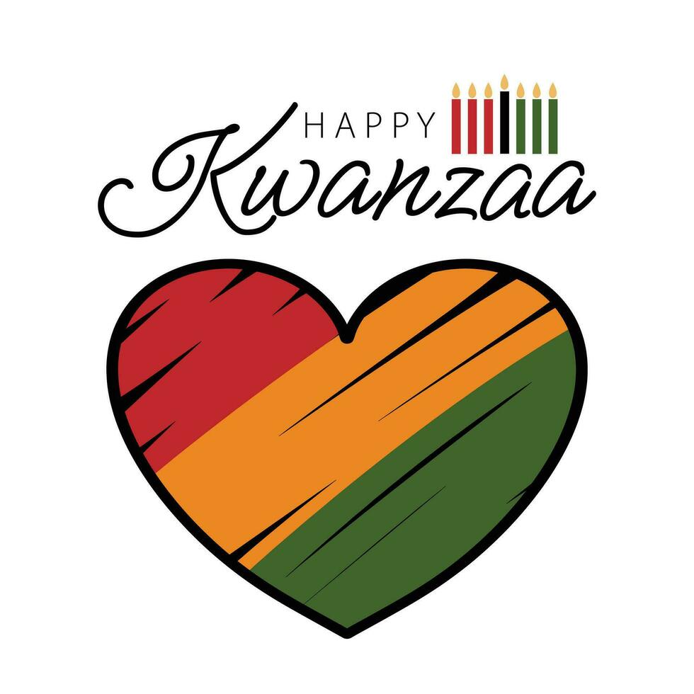 Happy Kwanzaa cute greeting card with Heart symbol with hand drawn stroke, 3 stripes colors of African flag and with traditional kinara seven candles for Kwanza. vector