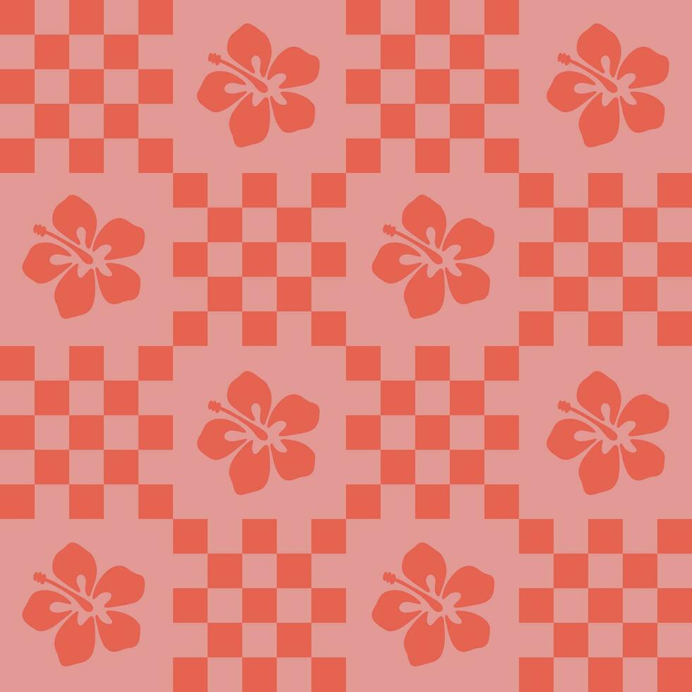 Cute y2k patchwork seamless pattern background, coral pink checkerboard and hand drawn hibiscus flower icon. Modern, trendy vector design, aesthetic print for textile, wallpaper. summer backdrop.