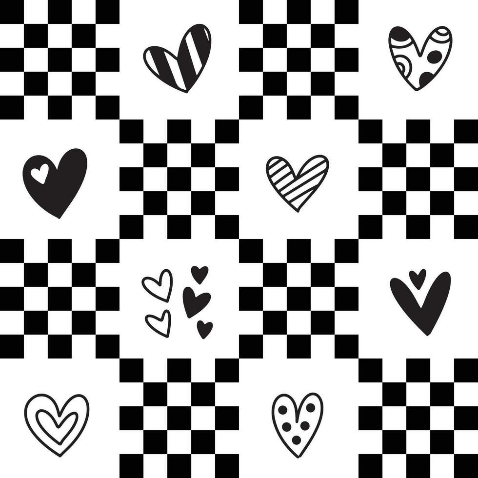 Cute y2k patchwork seamless pattern background, black and white monochrome checkerboard and hand drawn hearts doodle backdrop. Modern, trendy vector design, aesthetic print for textile, wallpaper