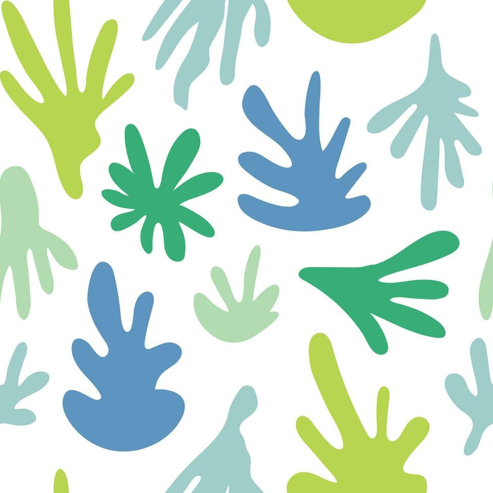 matisse inspirado sin costura modelo antecedentes con resumen formas manchas moderno siluetas, a mano floral planta garabatear fondo de pantalla impresión. vector