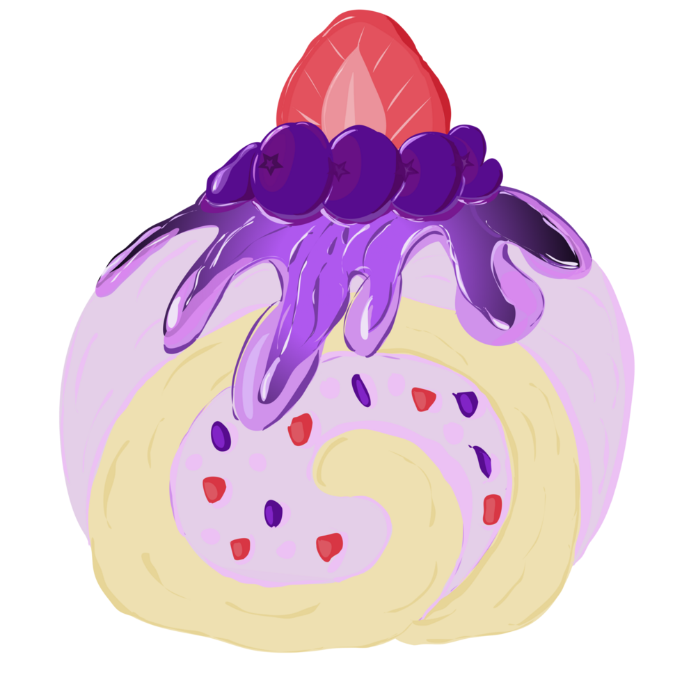 Swiss roll cake with strawberry and blueberries on top of it png