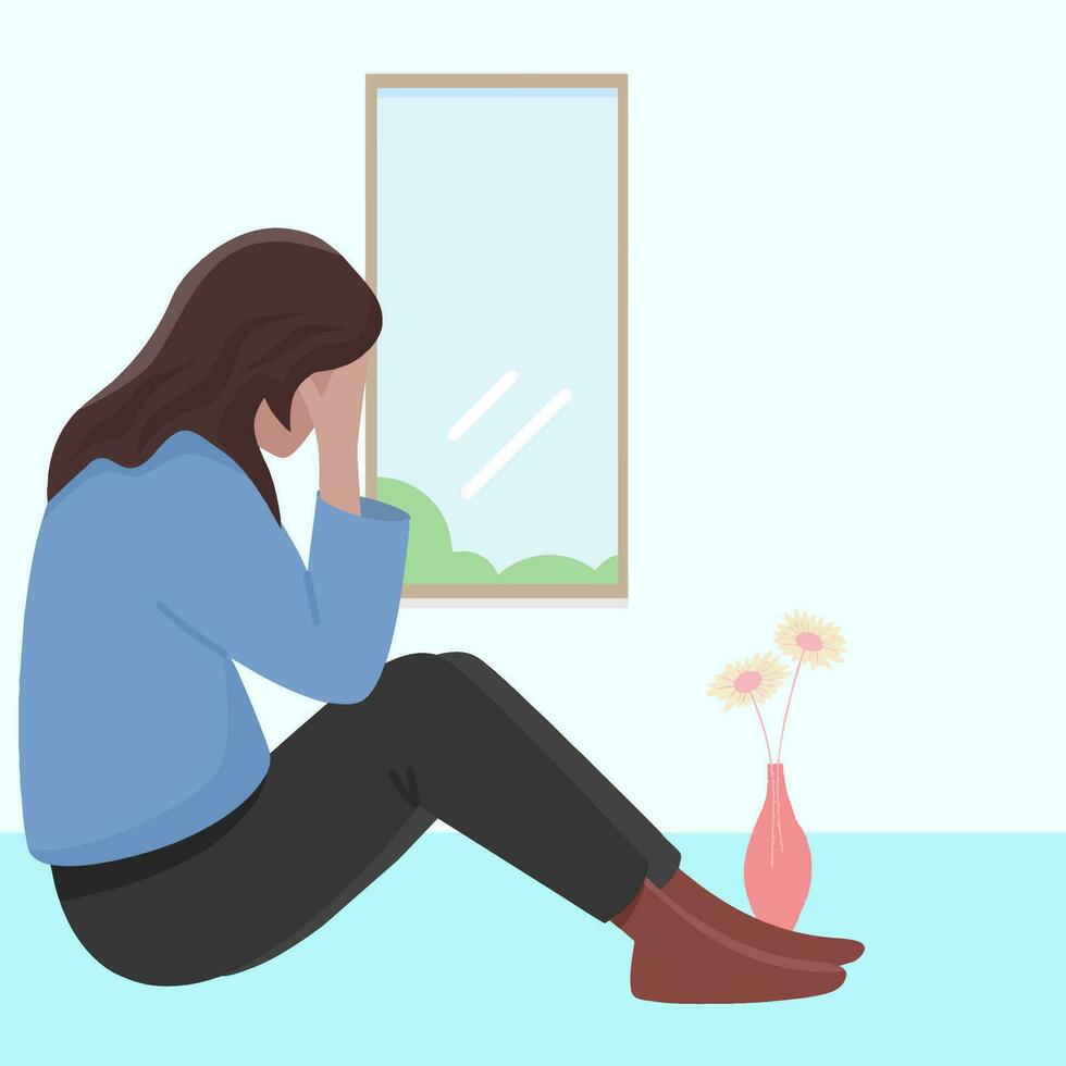 woman sitting on the floor near the window vector