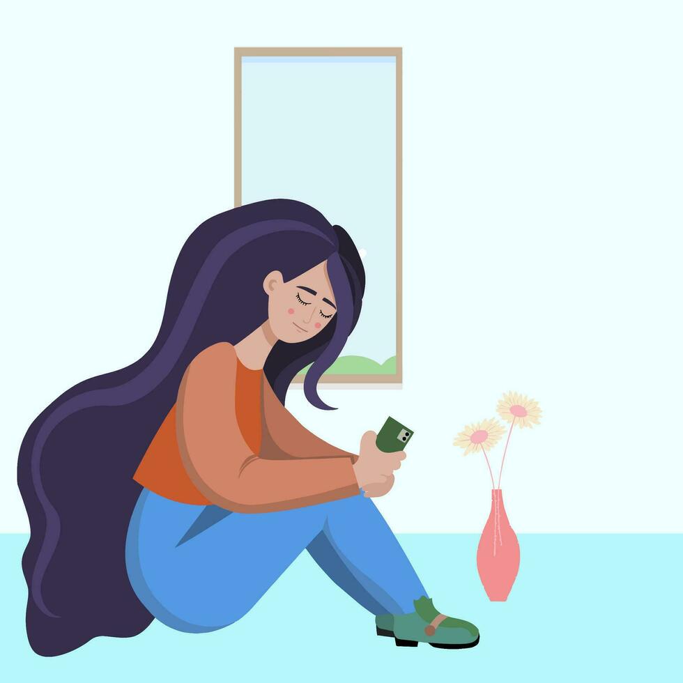 woman sitting on the floor near the window vector