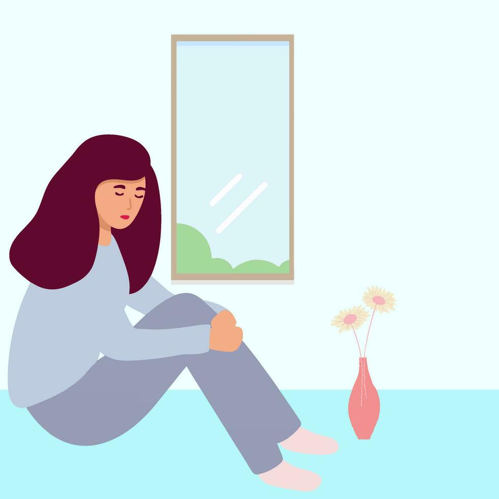 woman sitting on the floor near the window vector