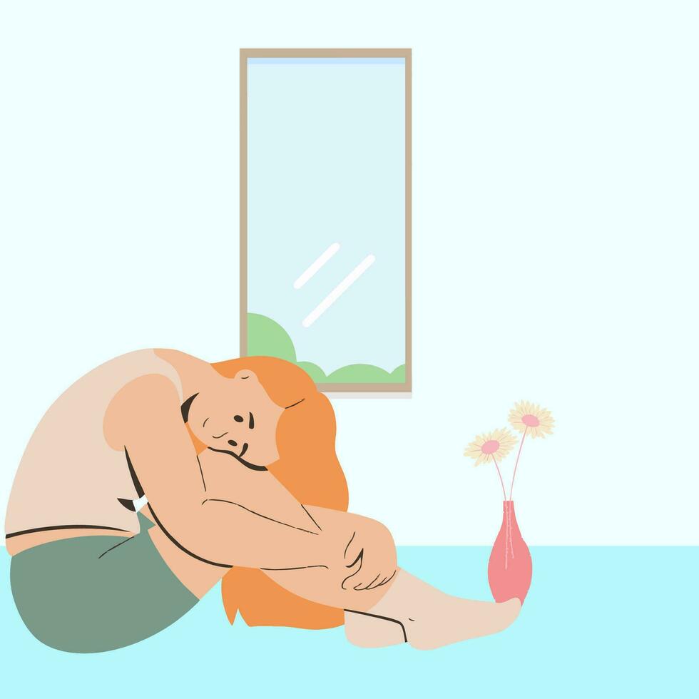 woman sitting on the floor near the window vector