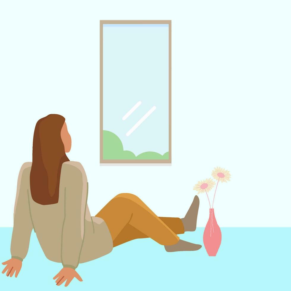 woman sitting on the floor near the window vector