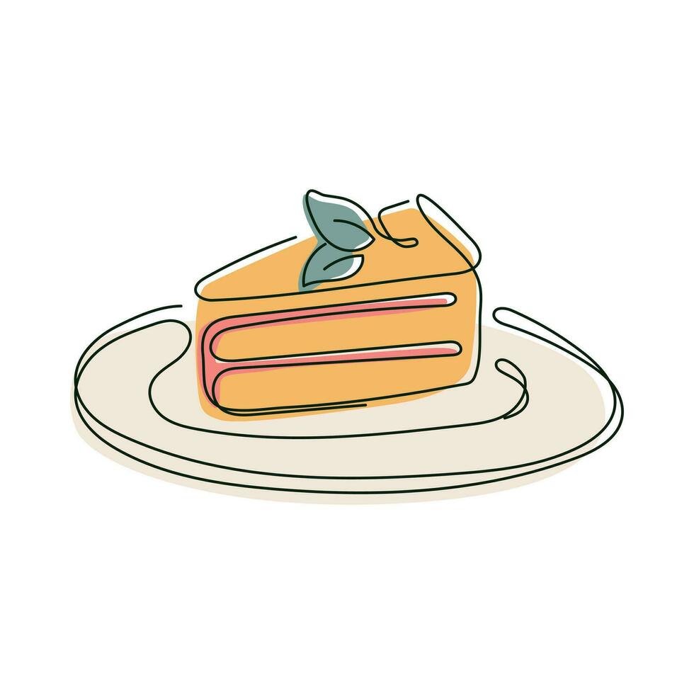 A piece of cake on a plate with a mint leaf, vector isolated illustration in line-art style.