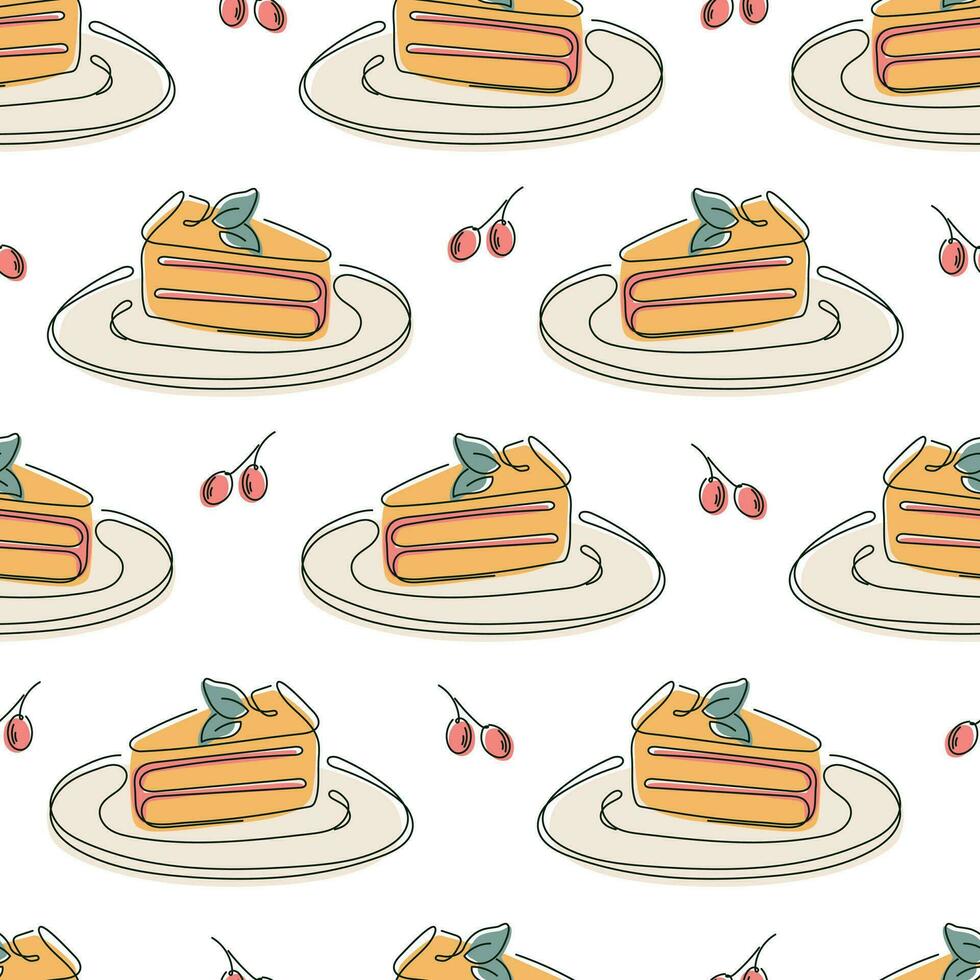 Piece of cake on a plate, vector isolated pattern with illustration in line art style.