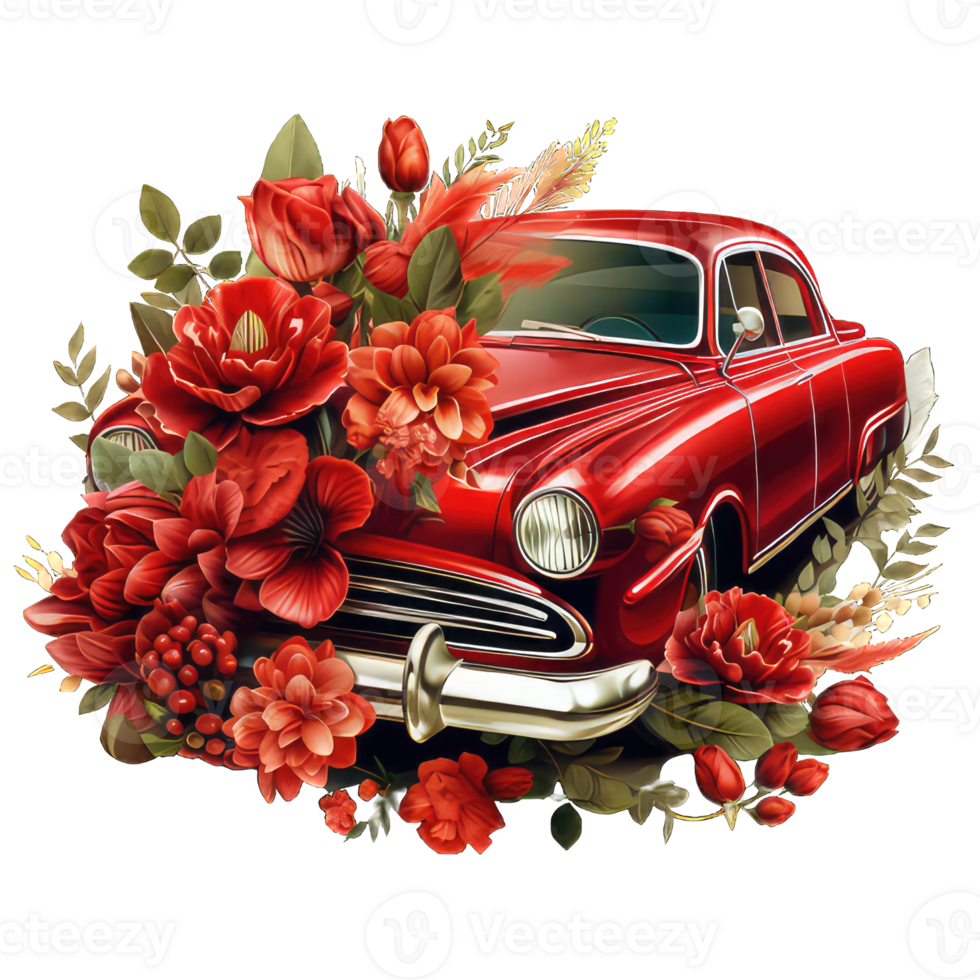 AI generated Retro car toy with red roses flowers with transparent background png