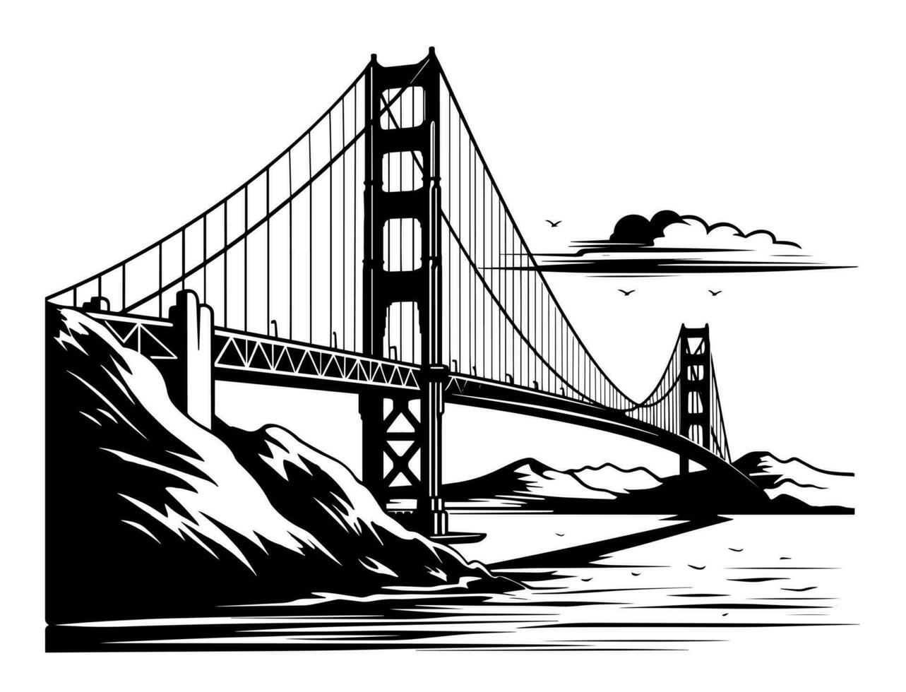 dorado portón puente a través de el estrecho. san francisco vector ilustración en grabado estilo. plantilla