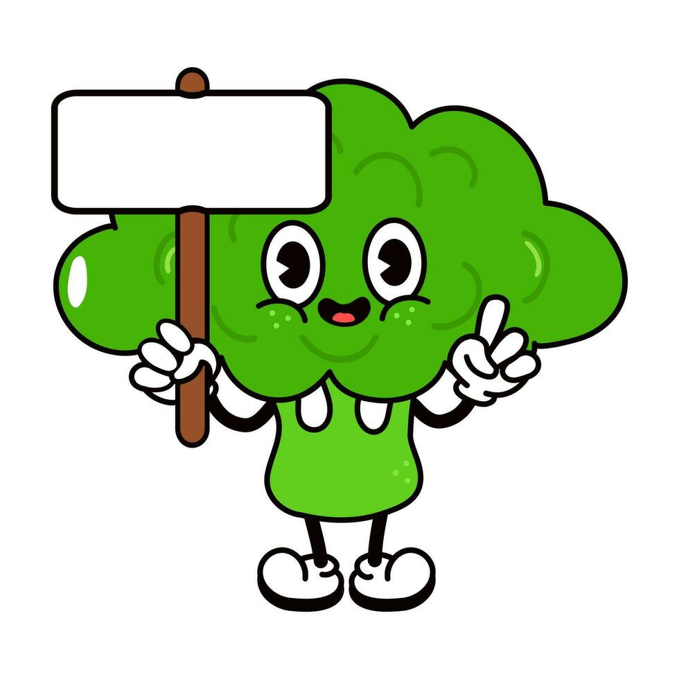 Broccoli with an inscription character. Vector hand drawn traditional cartoon vintage, retro, kawaii character illustration icon. Isolated white background. Broccoli character