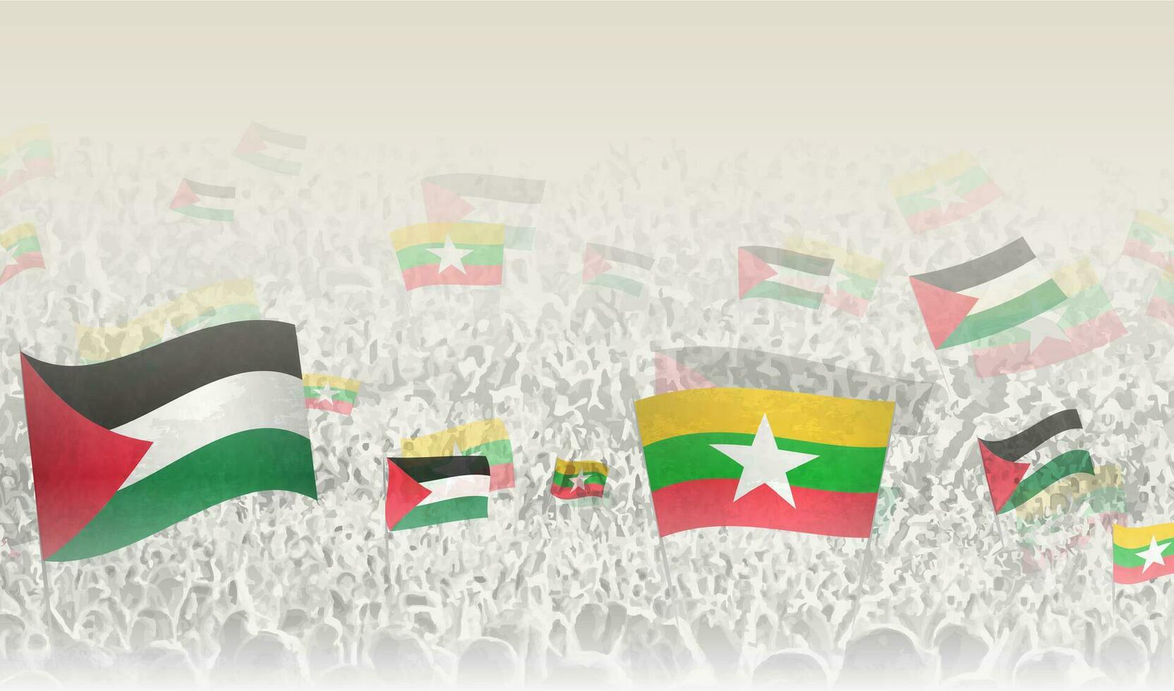 Palestina y myanmar banderas en un multitud de aplausos gente. vector