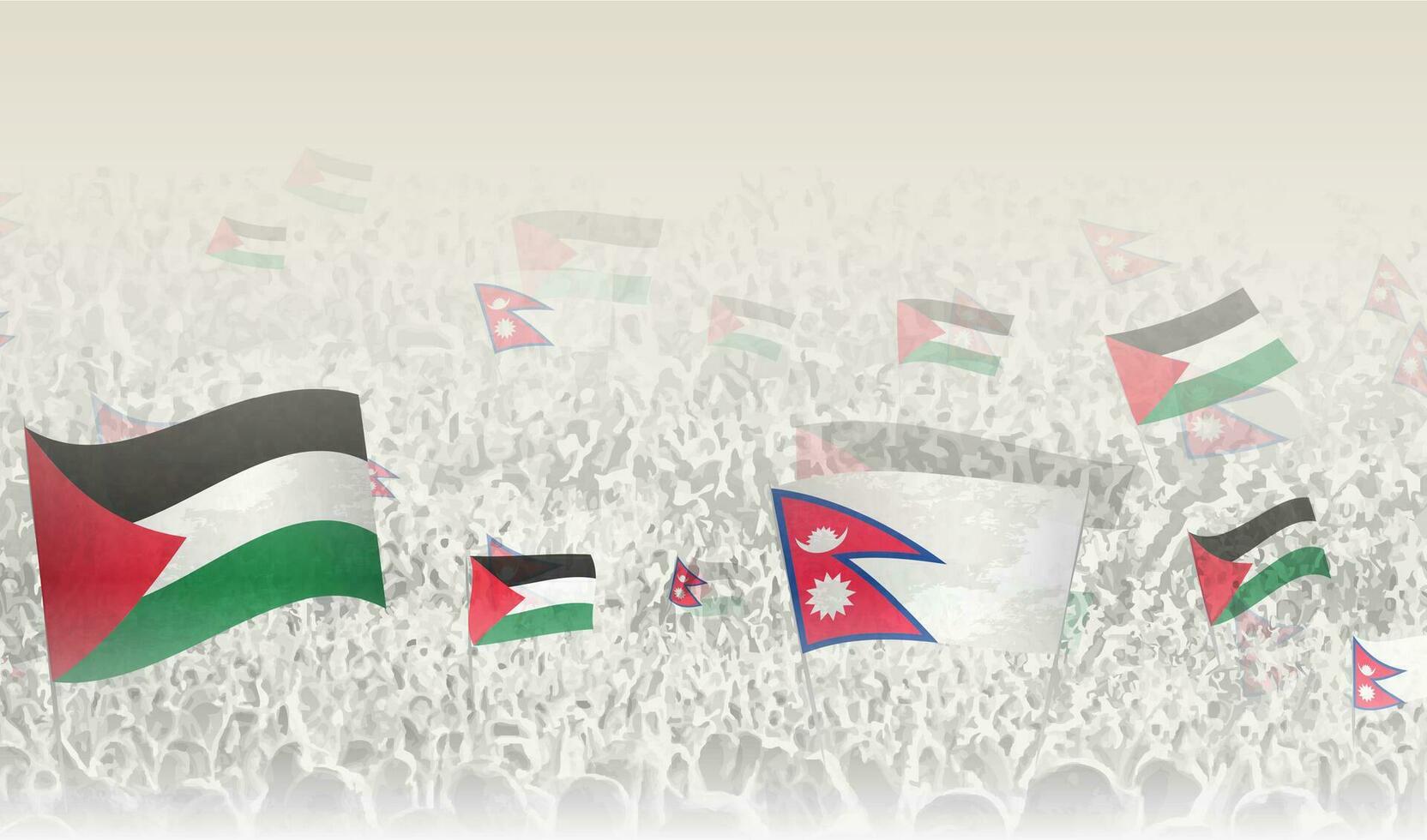 Palestina y Nepal banderas en un multitud de aplausos gente. vector