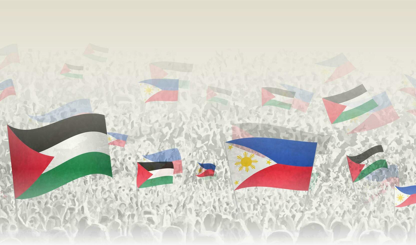 Palestine and Philippines flags in a crowd of cheering people. vector