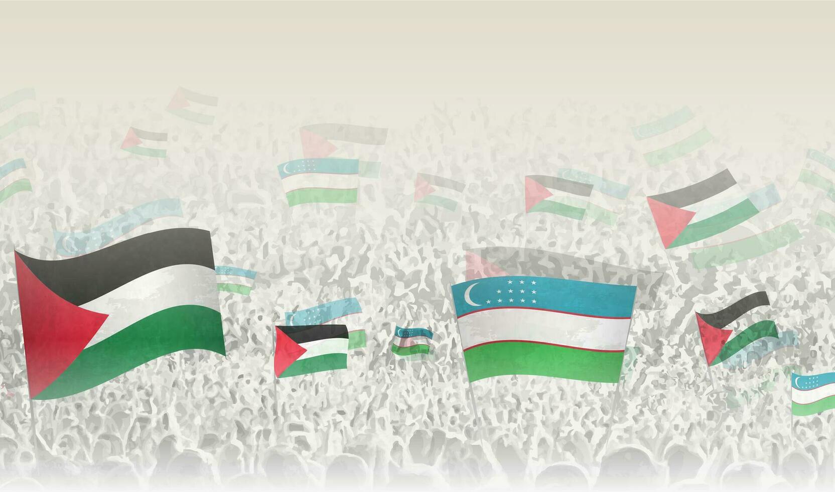 Palestine and Uzbekistan flags in a crowd of cheering people. vector