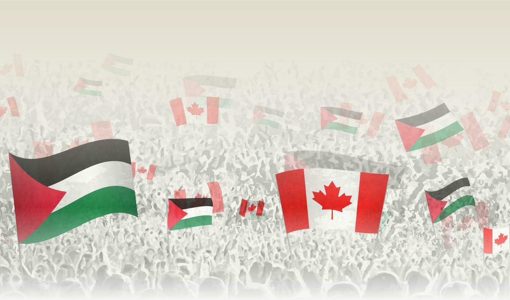 Palestine and Canada flags in a crowd of cheering people. vector
