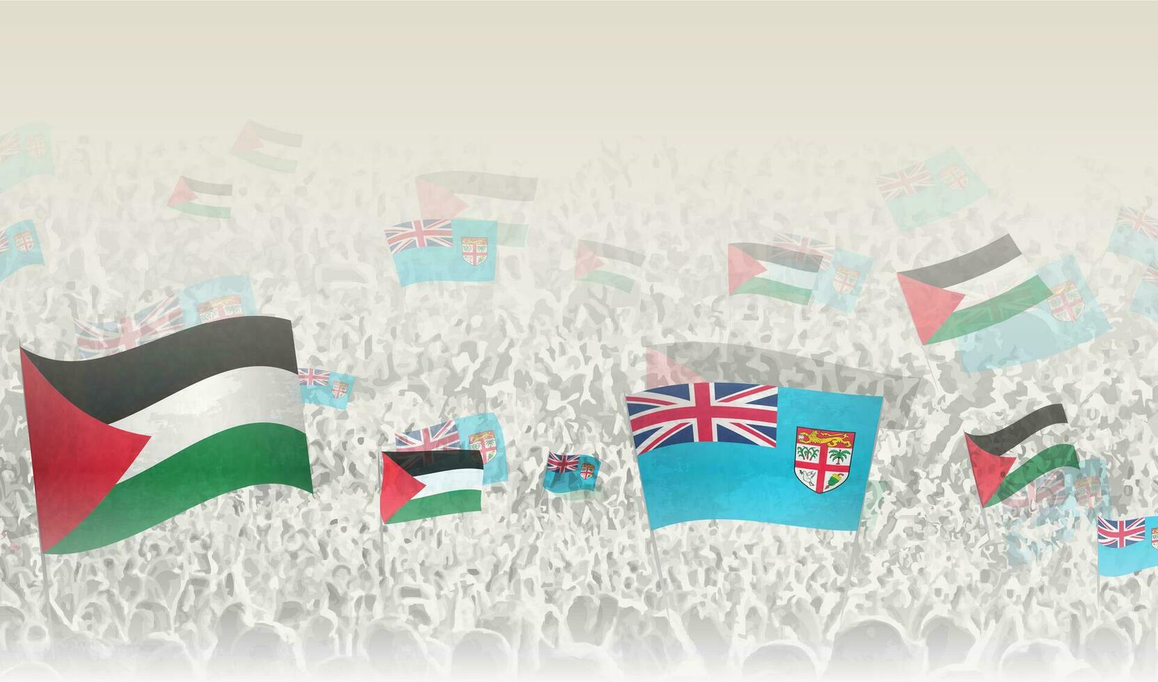 Palestine and Fiji flags in a crowd of cheering people. vector