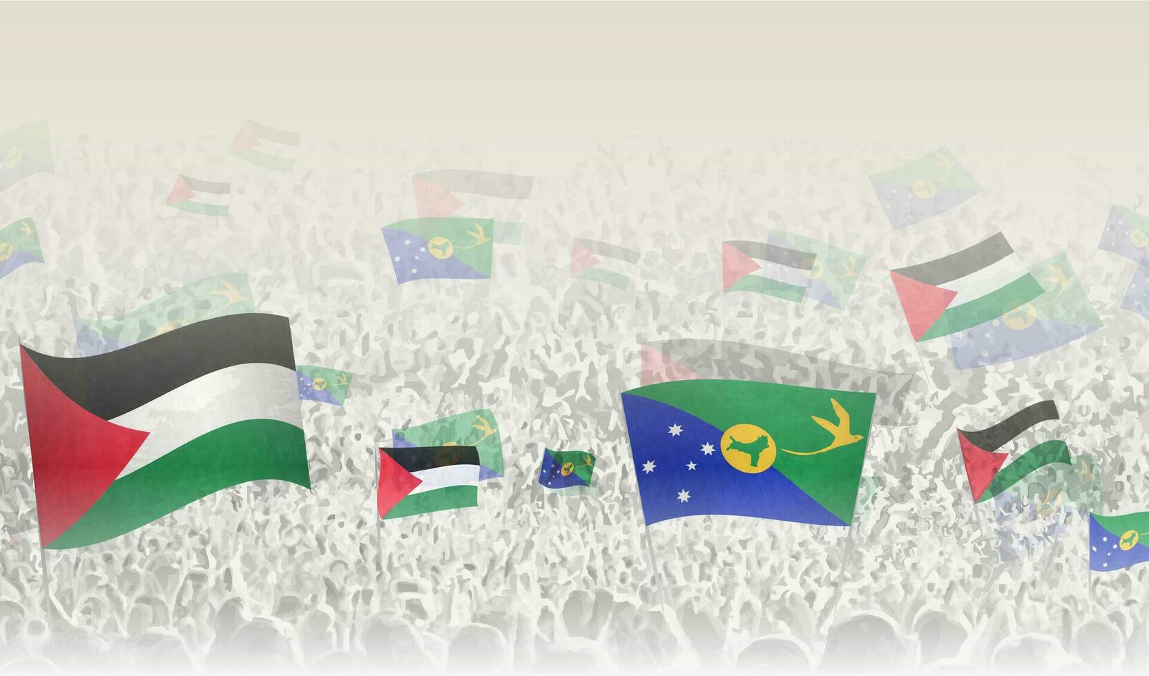 Palestine and Christmas Island flags in a crowd of cheering people. vector