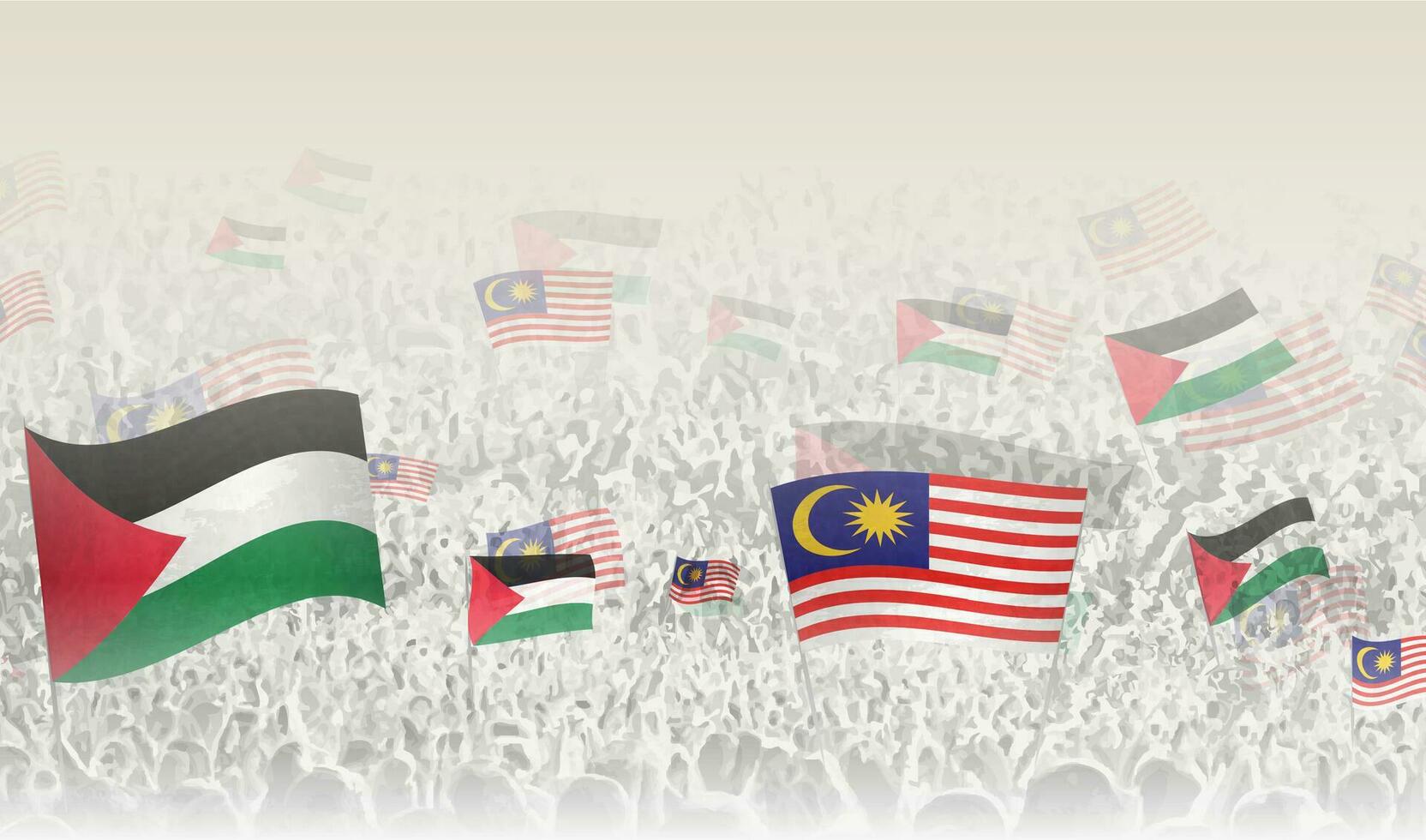 Palestine and Malaysia flags in a crowd of cheering people. vector