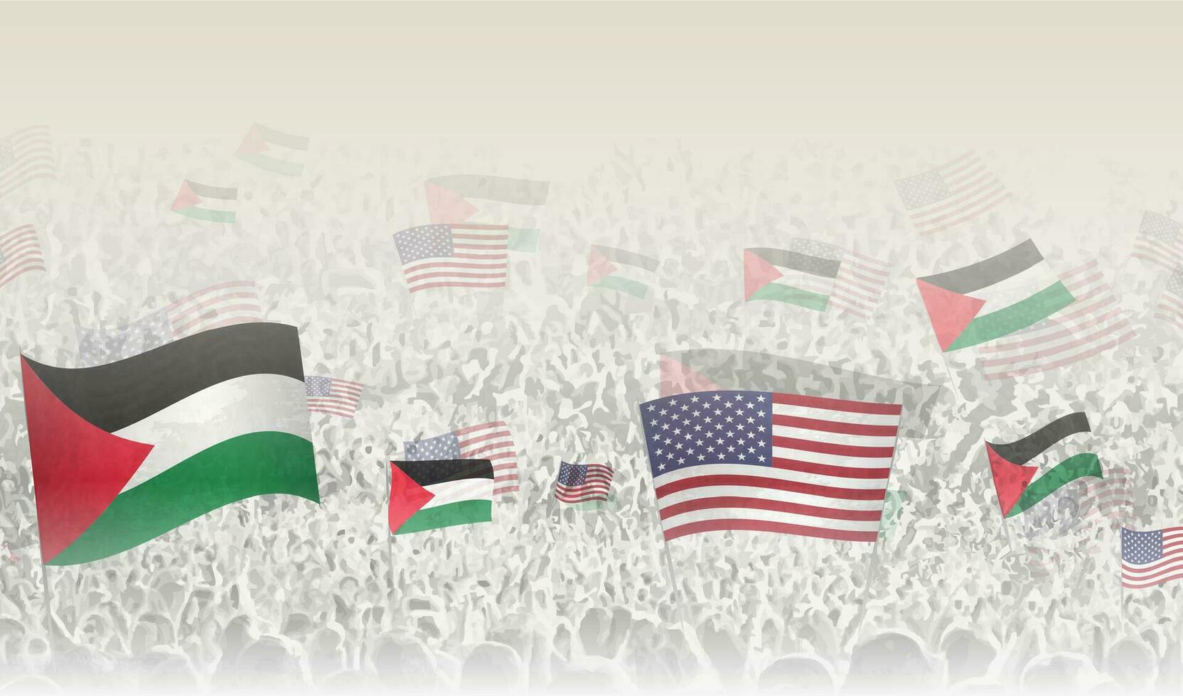 Palestine and USA flags in a crowd of cheering people. vector