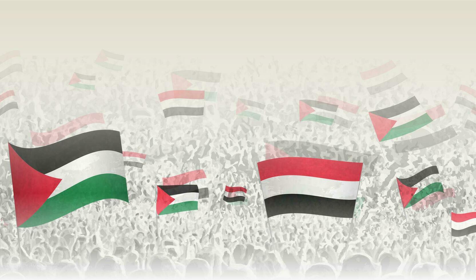 Palestina y Yemen banderas en un multitud de aplausos gente. vector