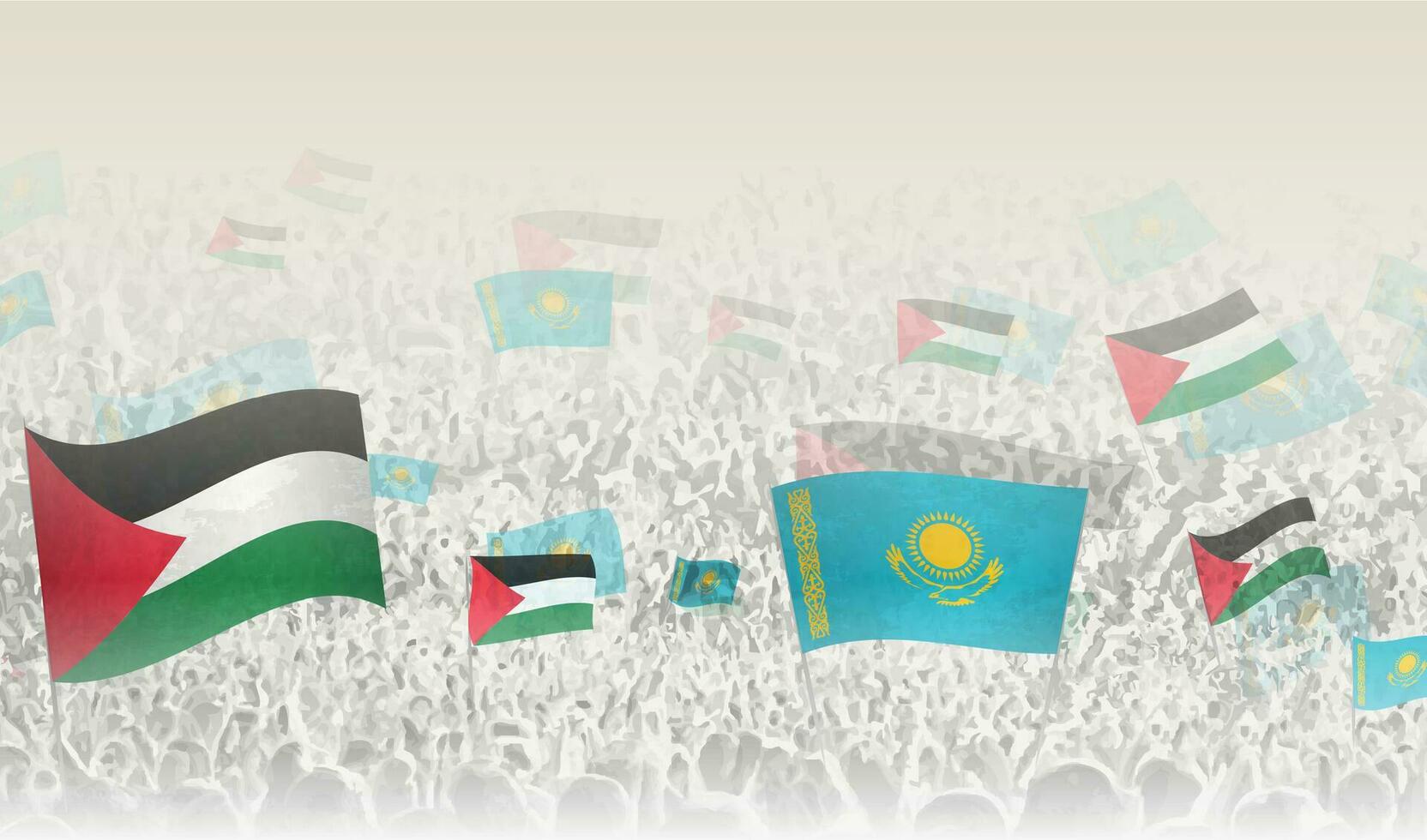 Palestine and Kazakhstan flags in a crowd of cheering people. vector