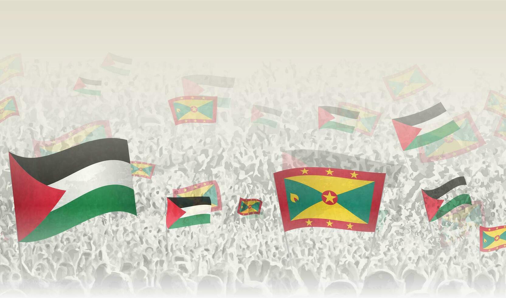 Palestine and Grenada flags in a crowd of cheering people. vector