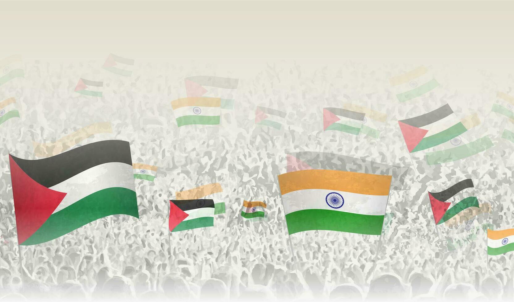 Palestine and India flags in a crowd of cheering people. vector
