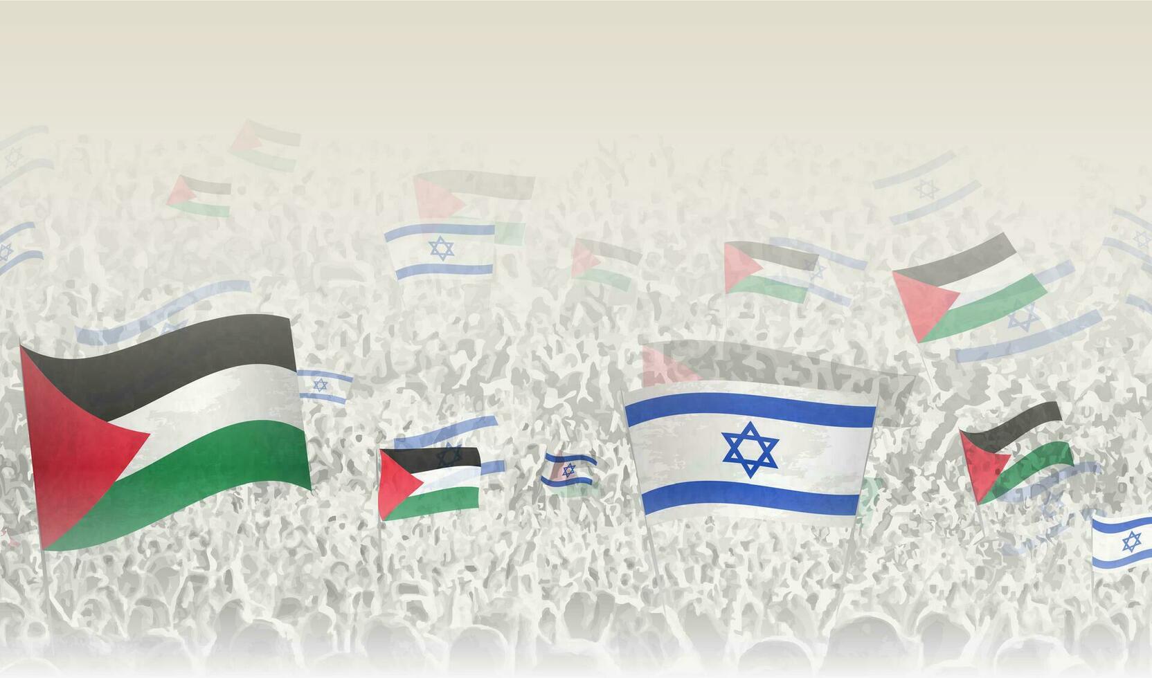 Palestine and Israel flags in a crowd of cheering people. vector