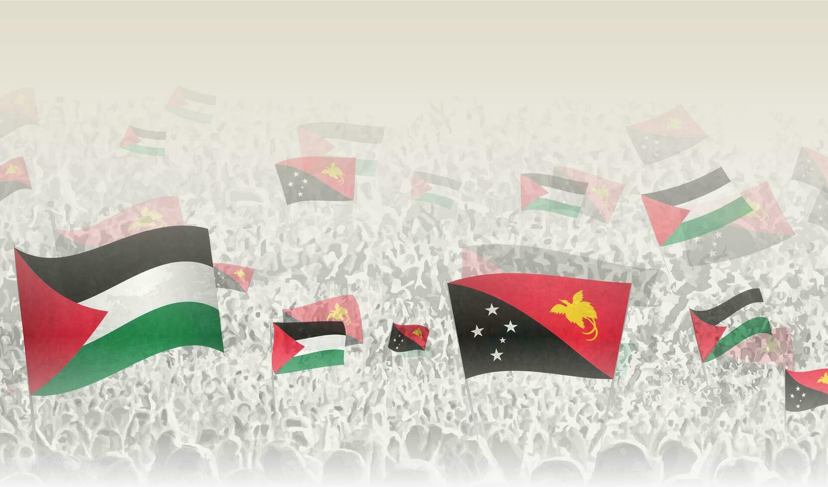 Palestine and Papua New Guinea flags in a crowd of cheering people. vector