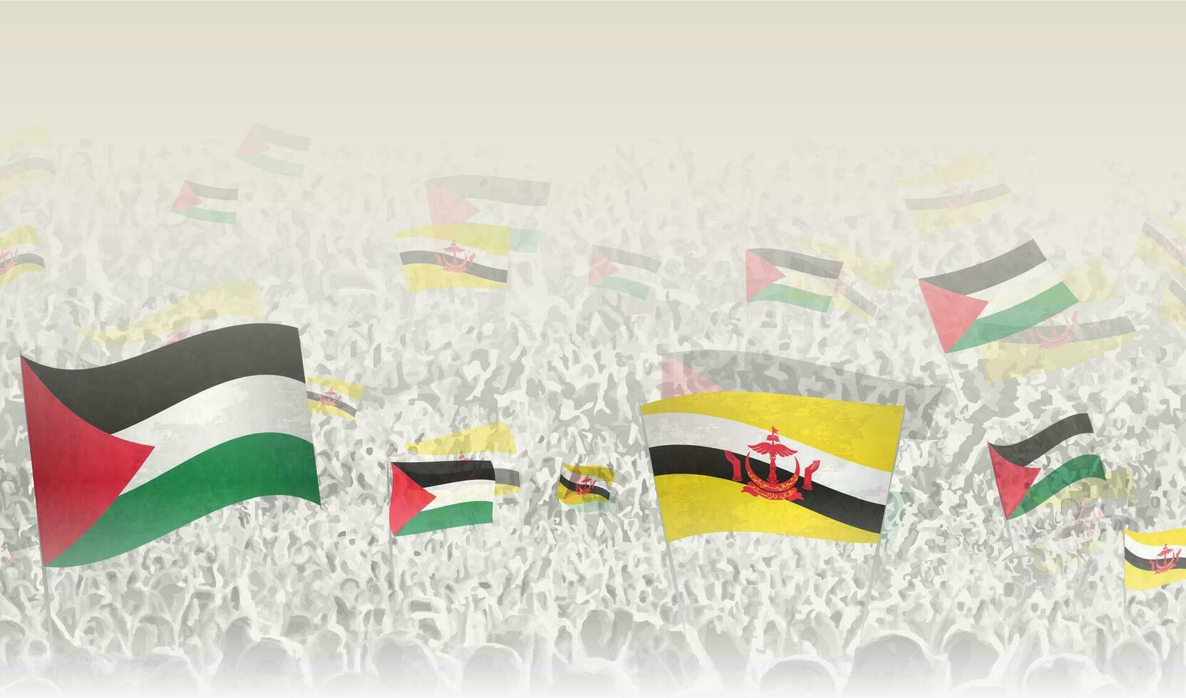 Palestine and Brunei flags in a crowd of cheering people. vector