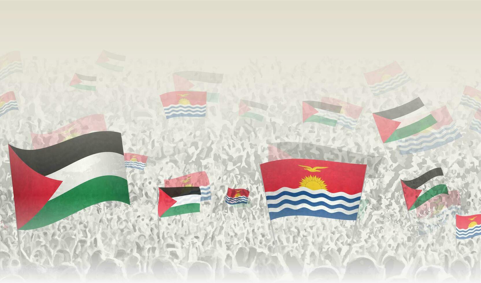 Palestine and Kiribati flags in a crowd of cheering people. vector