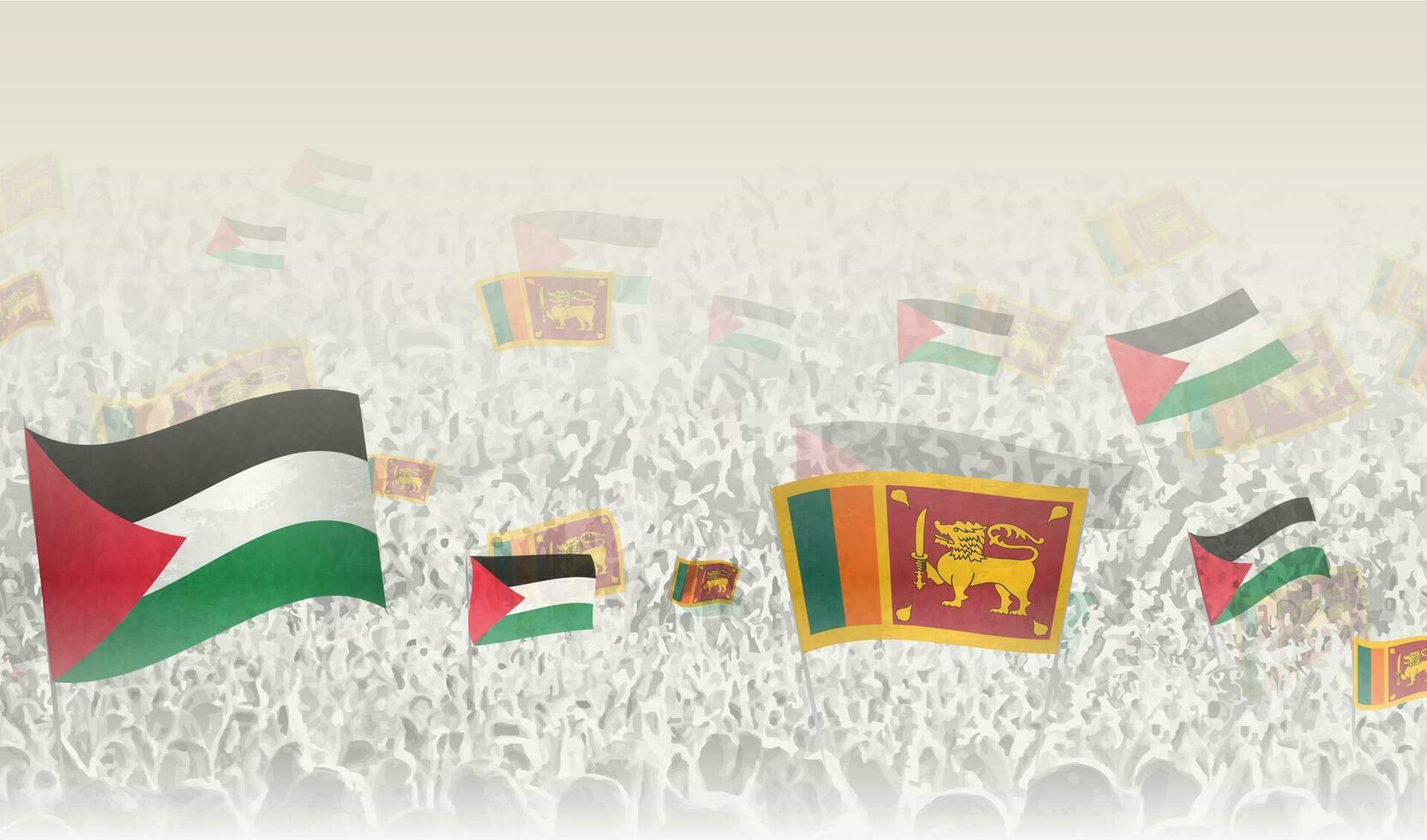 Palestine and Sri Lanka flags in a crowd of cheering people. vector