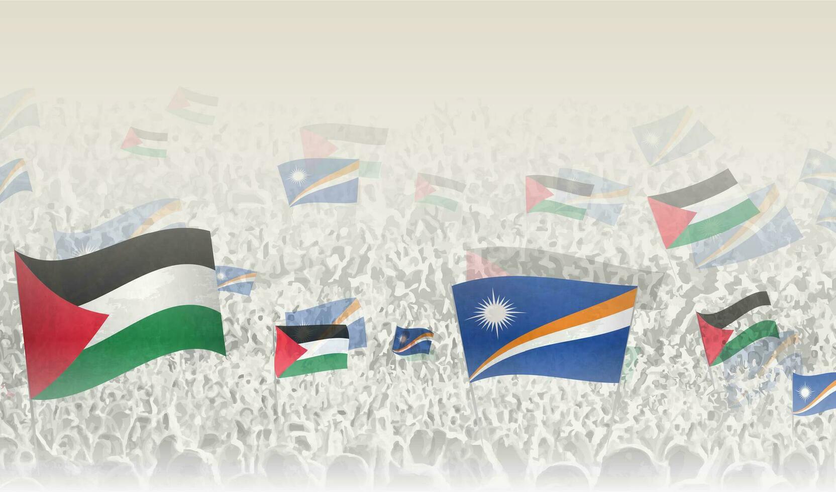 Palestine and Marshall Islands flags in a crowd of cheering people. vector