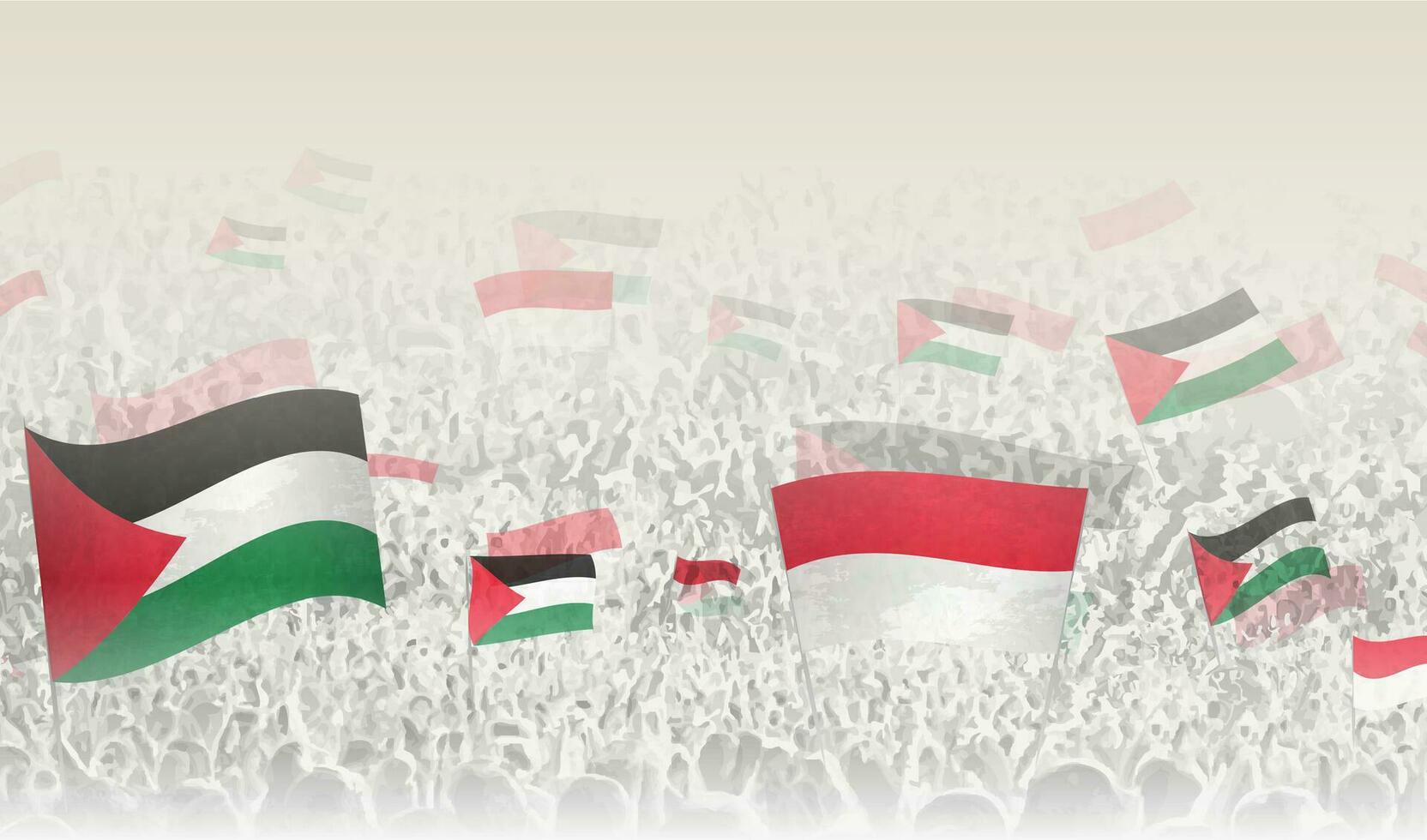 Palestine and Indonesia flags in a crowd of cheering people. vector