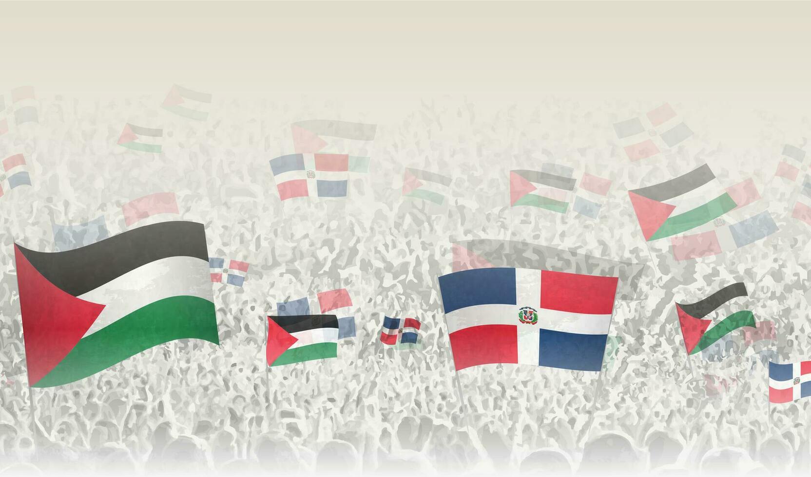 Palestine and Dominican Republic flags in a crowd of cheering people. vector