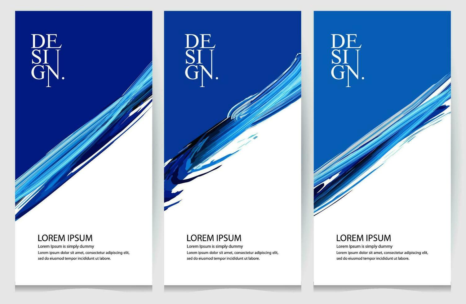 Tres vertical pancartas con azul y blanco pintar golpes vector