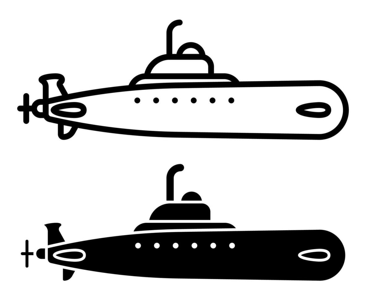 military combat submarine. Marine fleet. Underwater research. Simple linear icon, silhouette. Vector