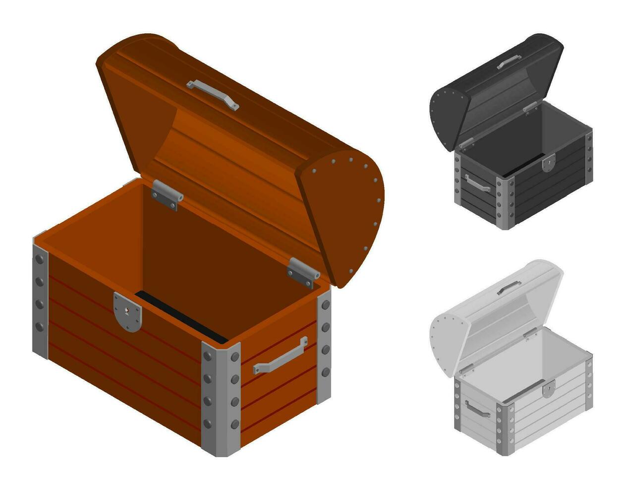 empty wooden chest with open lid. Failure to find pirate treasures. Isometric 3D vector