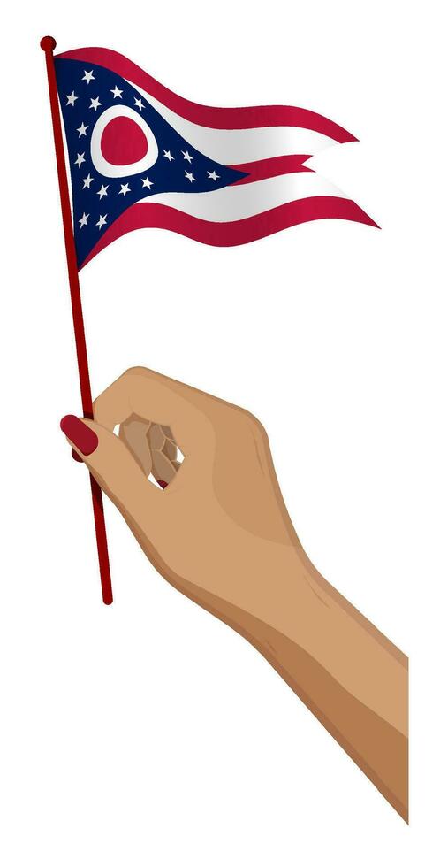 hembra mano suavemente sostiene pequeño bandera de americano estado de Ohio. fiesta diseño elemento. dibujos animados vector en blanco antecedentes