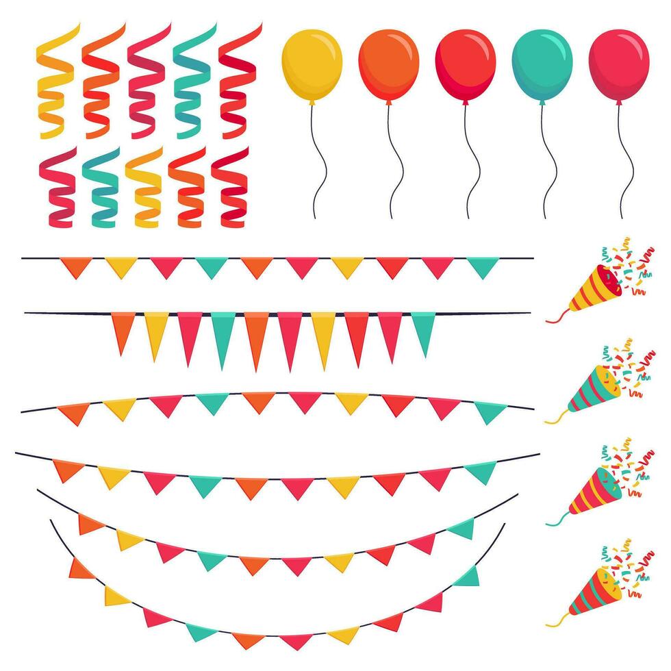 Set of balloons, party popper firecrackers and garland flags. A collection of festive birthday elements. Vector isolated elements in flat cartoon style