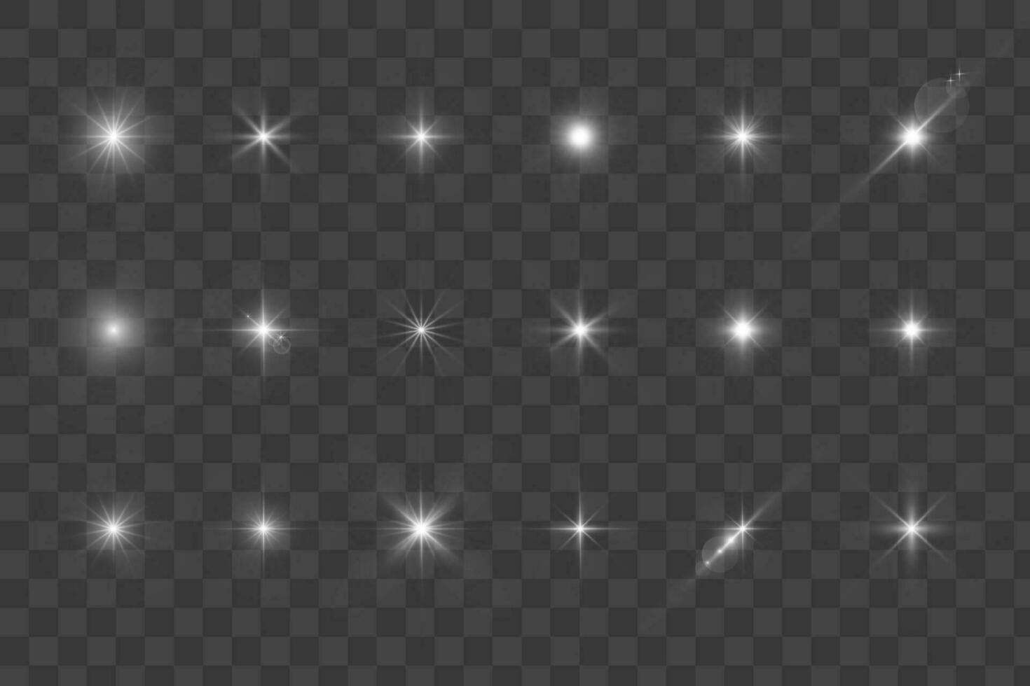 ligero brillante estrellas, destello ligero efectos, brillante iluminado elementos en un transparente antecedentes. vector aislar especial efectos