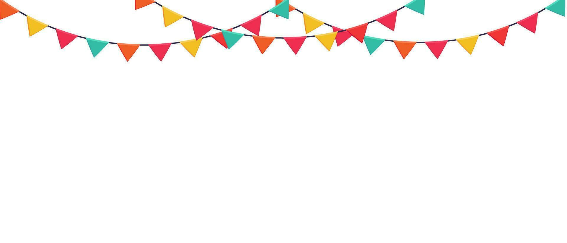 Garland of colored flags horizontal banner. Carnival garlands entertainment events. Festive vector background in flat cartoon style on a white background