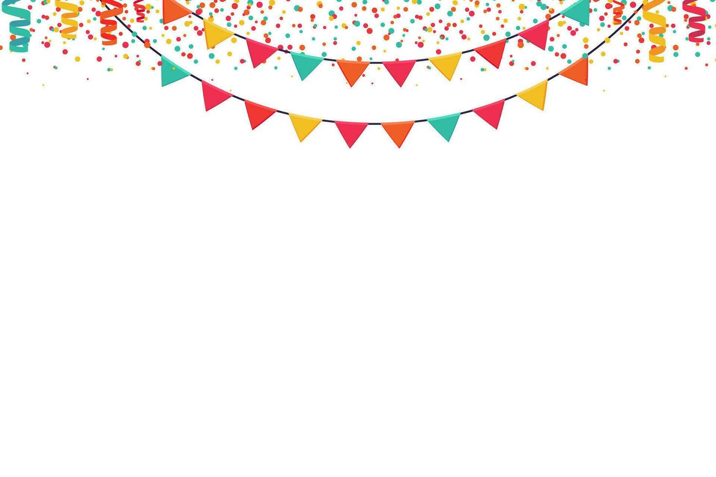 Garland of colored flags and confetti horizontal banner. Carnival garlands entertainment events. Festive vector background in flat cartoon style on a white background