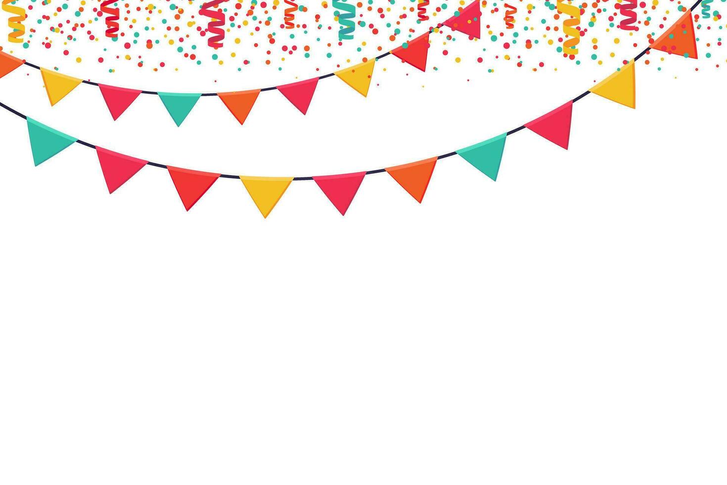 Garland of colored flags and confetti horizontal banner. Carnival garlands entertainment events. Festive vector background in flat cartoon style on a white background