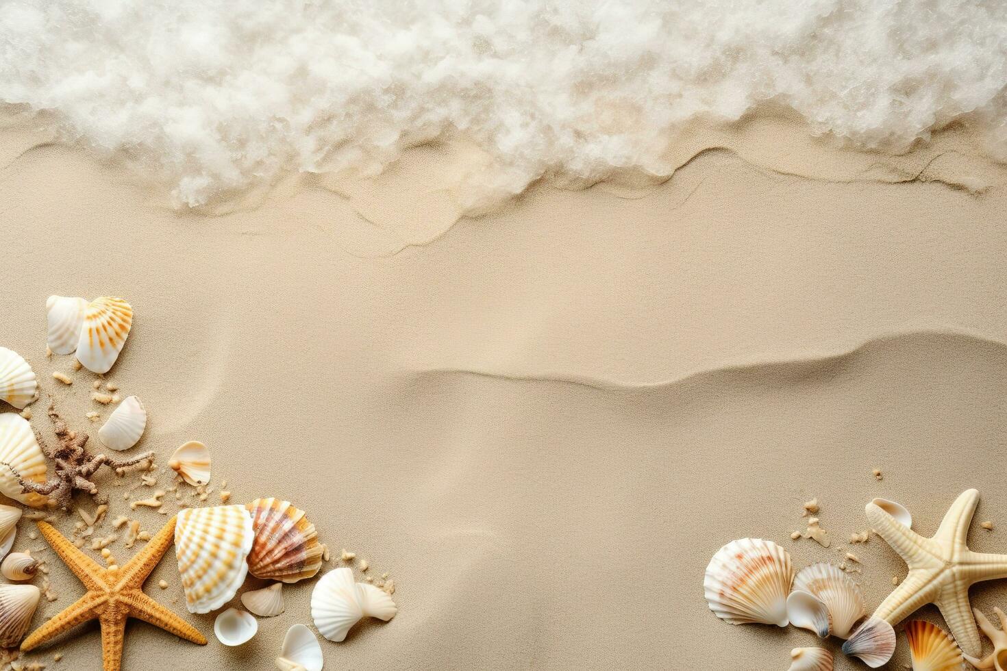 Sea sand background with starfishes and seashells, copy space in the middle, sea foam on the top. Sea summer holidays concept. Vacation memories flat lay. AI Generated photo