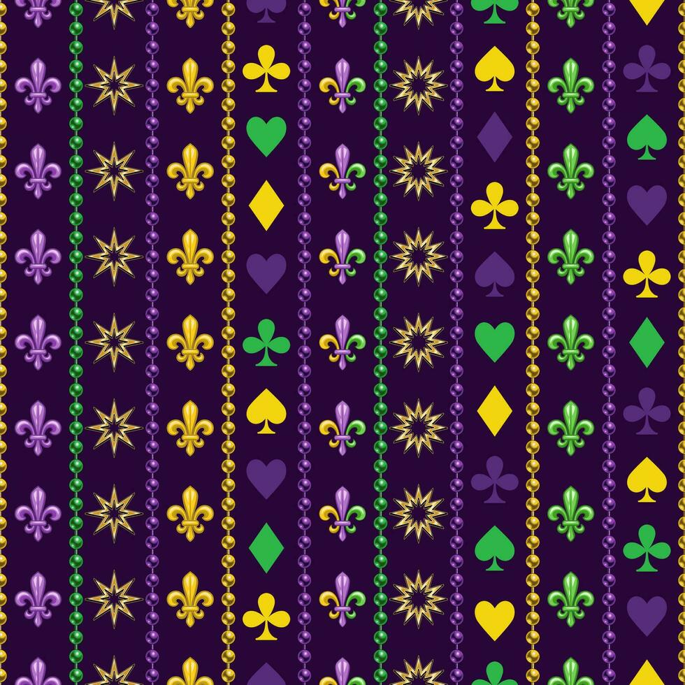 Mardi Gras pattern with holiday objects, symbols vector